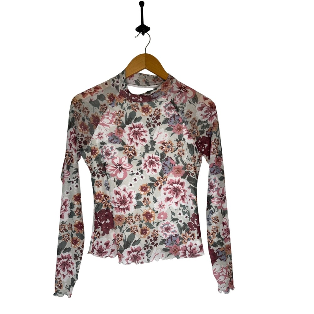 Dealmore Floral Mesh Mock Neck Long Sleeve Top Pink Green Small Lettuce Edge